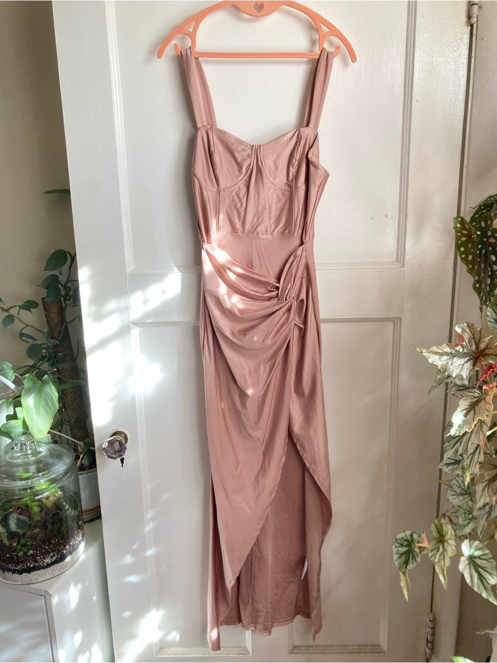 SHEIN Dusty Rose Satin Draped Maxi Dress